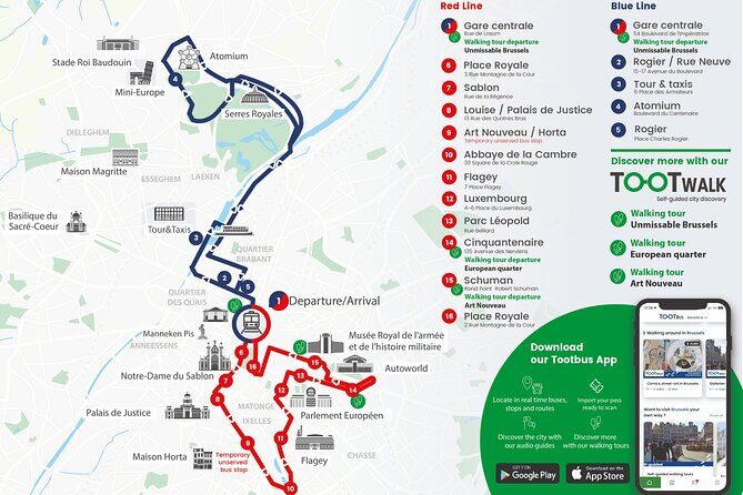 Brussels Tootbus Discovery Hop On Hop Off Bus and walking tours - Audio on the bus and in the app: useful, but check what you hear